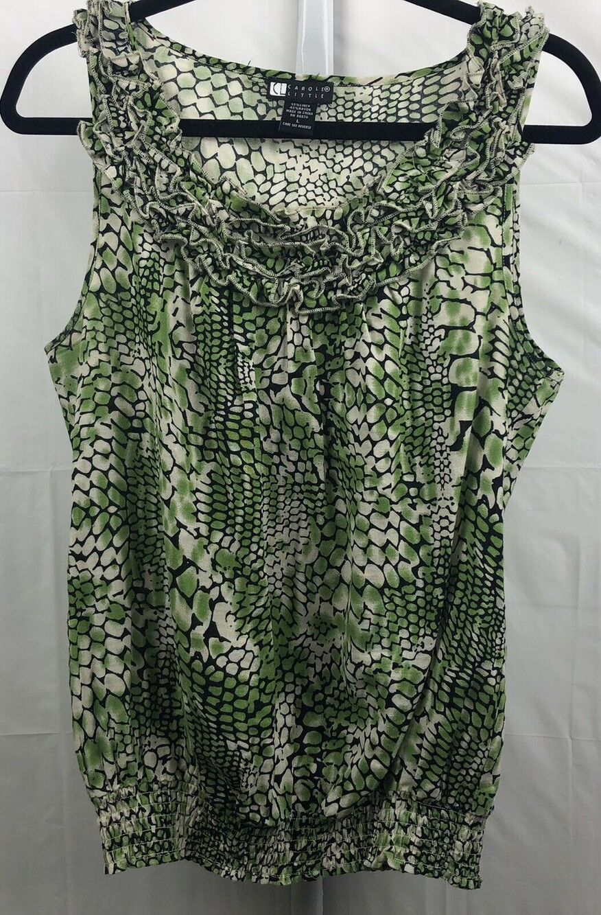 Carole Little Top Women L Green Geo Linen Ruffle Sleeveless Elastic Hem Blouse